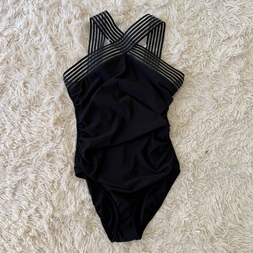 Aqua Green Black One Piece Swimsuit Crossover Strap Ruched Front Womens M - Picture 3 of 6